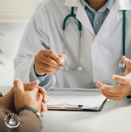 Healthcare professional holding pen over paperwork and discussing with another person